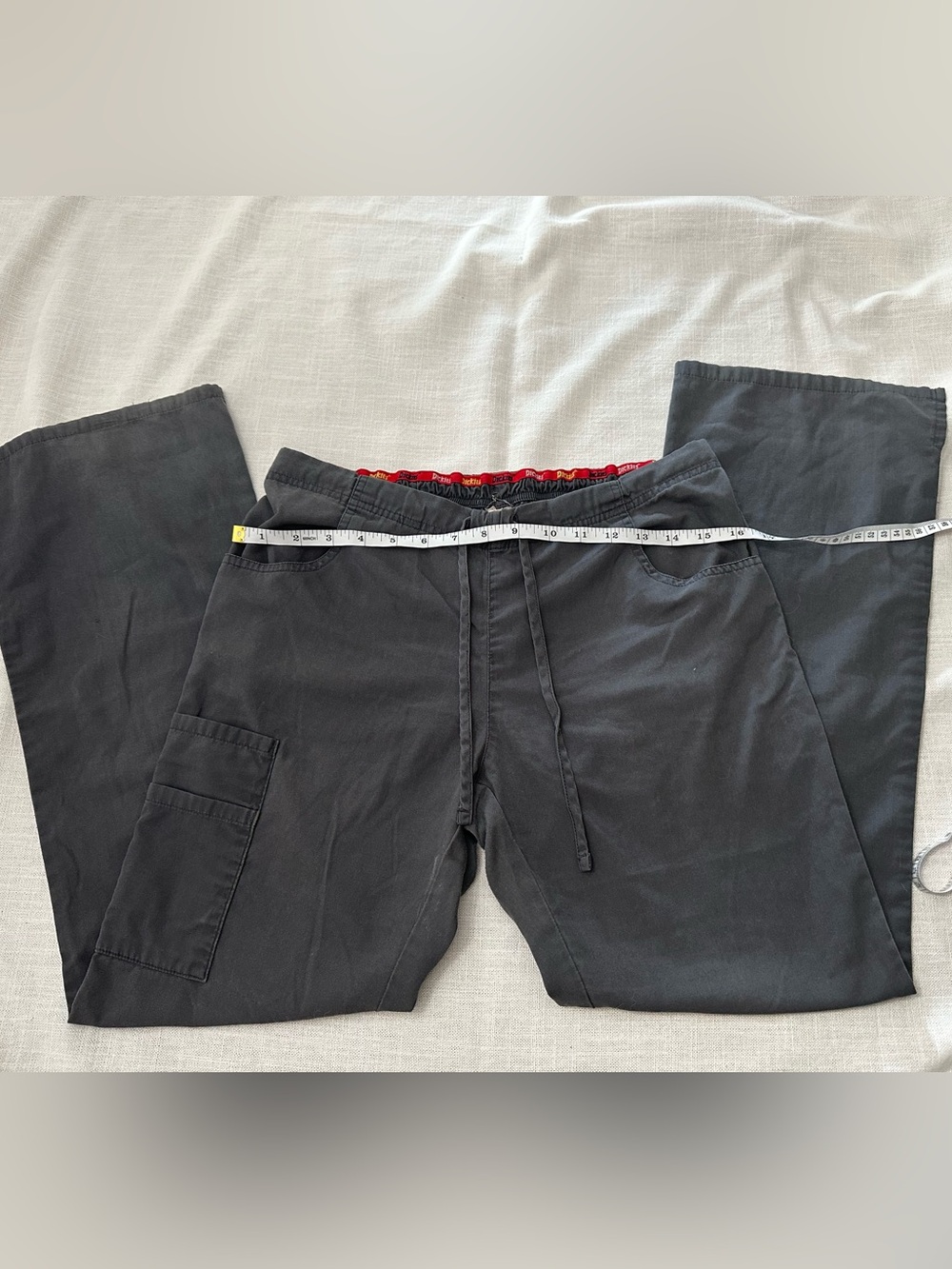 Dickies Gray Cargo Drawstring Pants with Red Waistband Trim